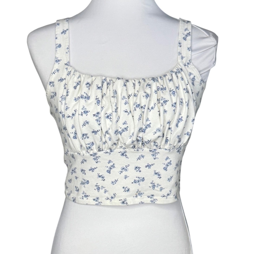 Hollister Crop Top Blue Floral Ruched White Blue Y2K Soft Girl Coquette Size L